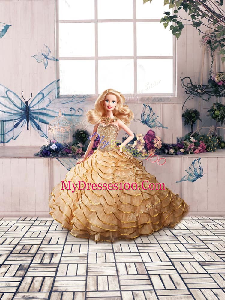 Attractive Sleeveless Beading and Ruffled Layers Lace Up Quinceanera Gowns with Champagne Brush Train
