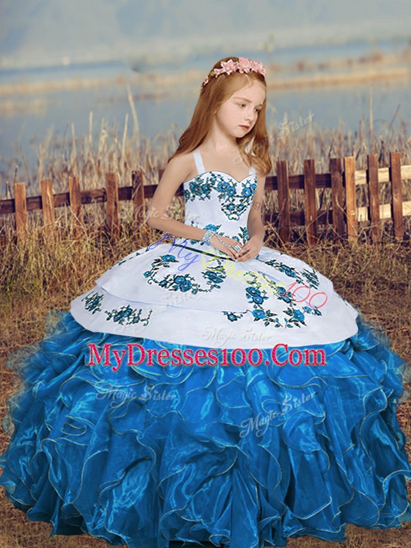 Pretty Ball Gowns Custom Made Pageant Dress Blue Straps Chiffon Sleeveless Floor Length