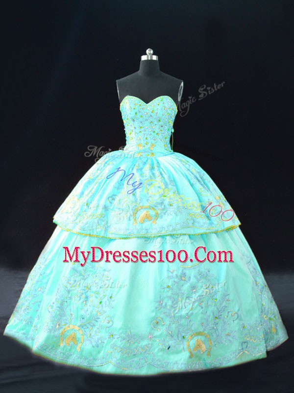 Ball Gowns Quince Ball Gowns Aqua Blue Sweetheart Satin Sleeveless Floor Length Lace Up