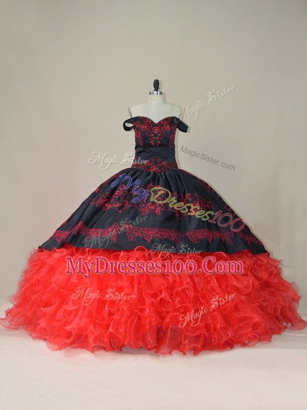 Pretty Red And Black Satin and Organza Lace Up Quinceanera Dress Sleeveless Brush Train Embroidery and Ruffles