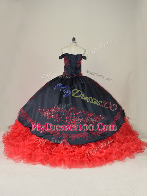 Pretty Red And Black Satin and Organza Lace Up Quinceanera Dress Sleeveless Brush Train Embroidery and Ruffles