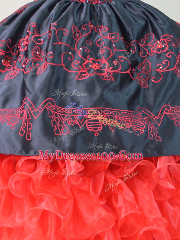 Pretty Red And Black Satin and Organza Lace Up Quinceanera Dress Sleeveless Brush Train Embroidery and Ruffles