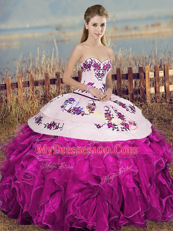 On Sale Fuchsia Ball Gowns Sweetheart Sleeveless Organza Floor Length Lace Up Embroidery and Ruffles and Bowknot Ball Gown Prom Dress