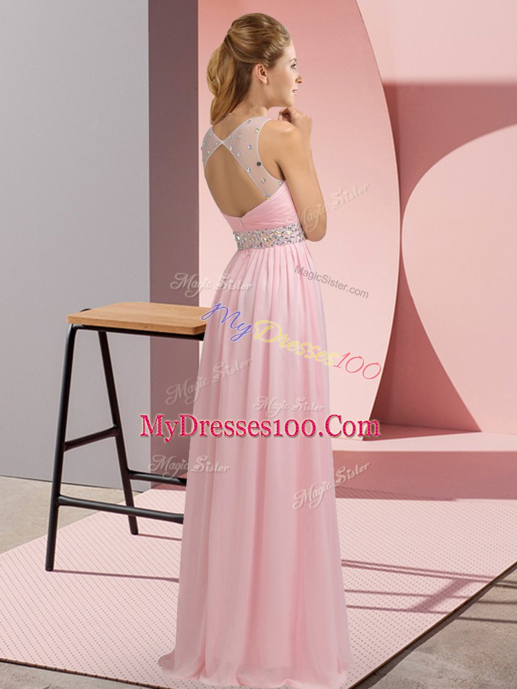 Suitable Pink Scoop Neckline Beading Prom Evening Gown Sleeveless Backless
