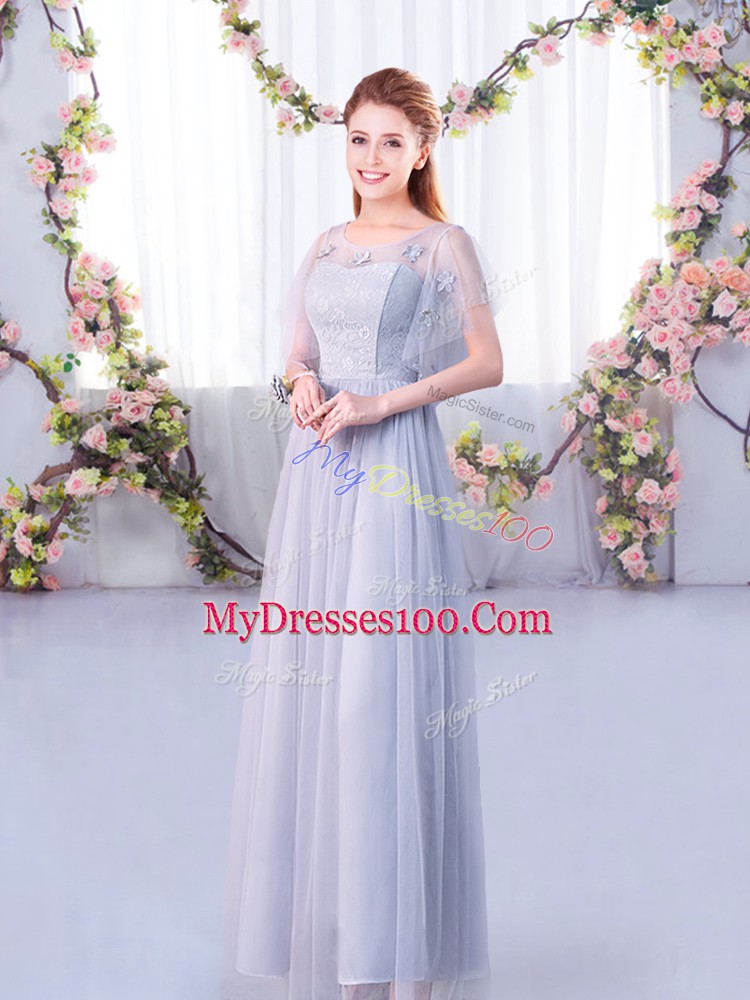 Grey Empire Scoop Short Sleeves Tulle Floor Length Side Zipper Lace and Belt Court Dresses for Sweet 16