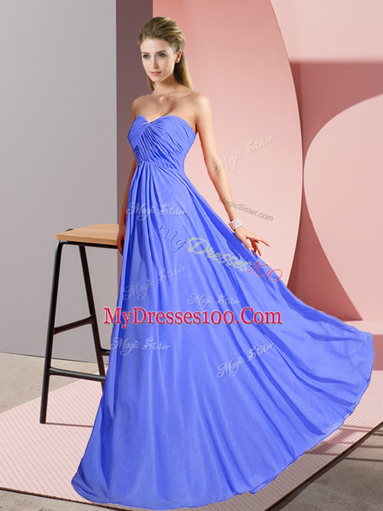Custom Design Blue Empire Ruching Evening Dress Lace Up Chiffon Sleeveless Floor Length
