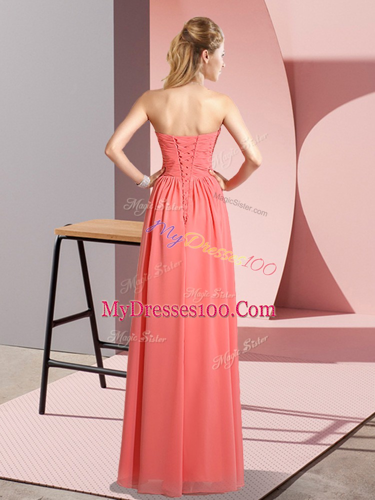 Custom Design Blue Empire Ruching Evening Dress Lace Up Chiffon Sleeveless Floor Length