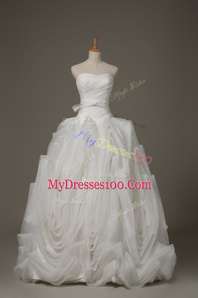 Luxurious White Ball Gowns Fabric With Rolling Flowers Sweetheart Sleeveless Belt Lace Up Wedding Dress Brush Train