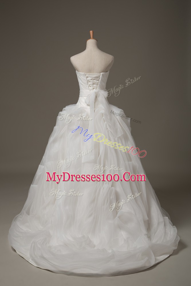Luxurious White Ball Gowns Fabric With Rolling Flowers Sweetheart Sleeveless Belt Lace Up Wedding Dress Brush Train