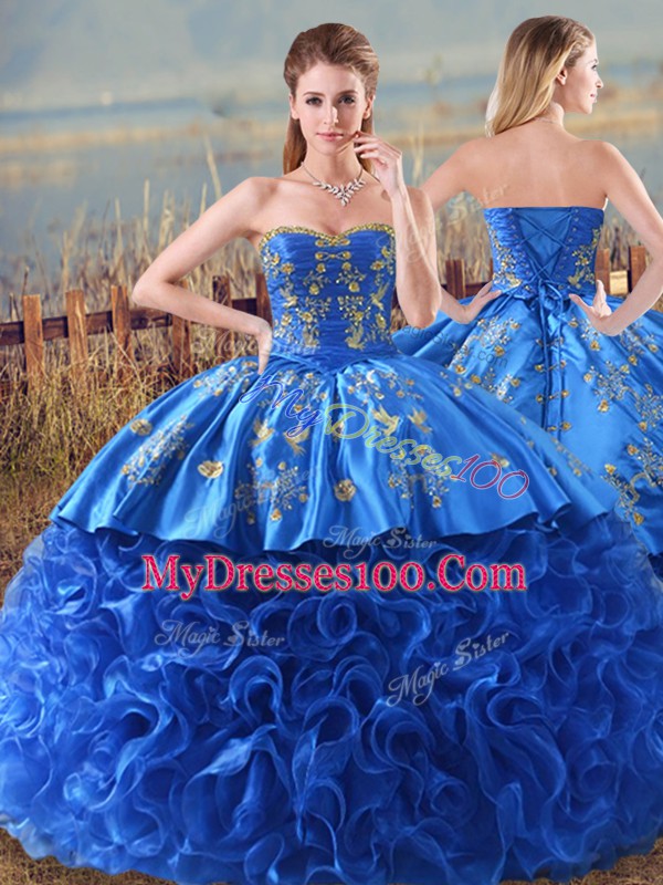 Low Price Royal Blue Sleeveless Embroidery and Ruffles Lace Up Sweet 16 Dress