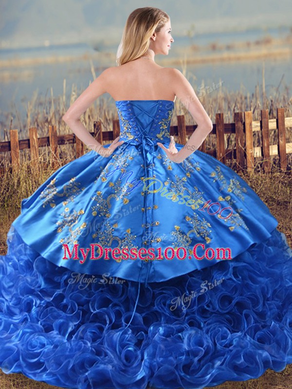 Low Price Royal Blue Sleeveless Embroidery and Ruffles Lace Up Sweet 16 Dress