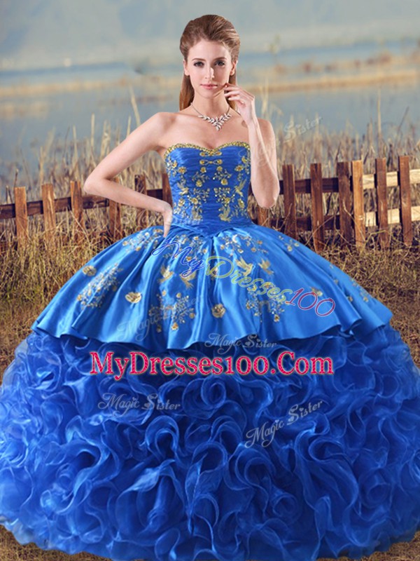 Low Price Royal Blue Sleeveless Embroidery and Ruffles Lace Up Sweet 16 Dress