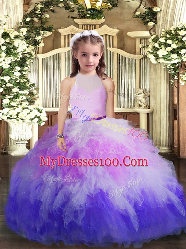 Hot Selling High-neck Sleeveless Backless Pageant Gowns For Girls Multi-color Tulle