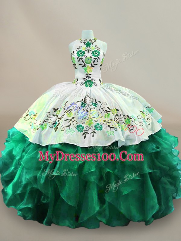Spectacular Organza Halter Top Sleeveless Lace Up Embroidery Quince Ball Gowns in Dark Green