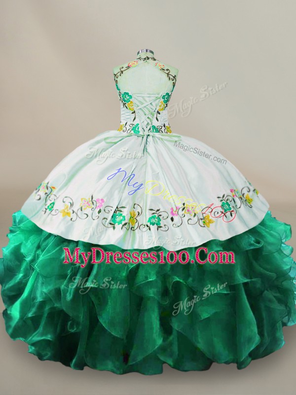 Spectacular Organza Halter Top Sleeveless Lace Up Embroidery Quince Ball Gowns in Dark Green