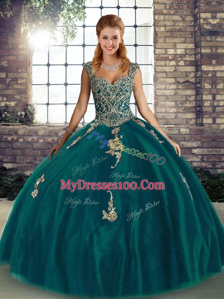 Ball Gowns Sweet 16 Dress Peacock Green Straps Tulle Sleeveless Floor Length Lace Up