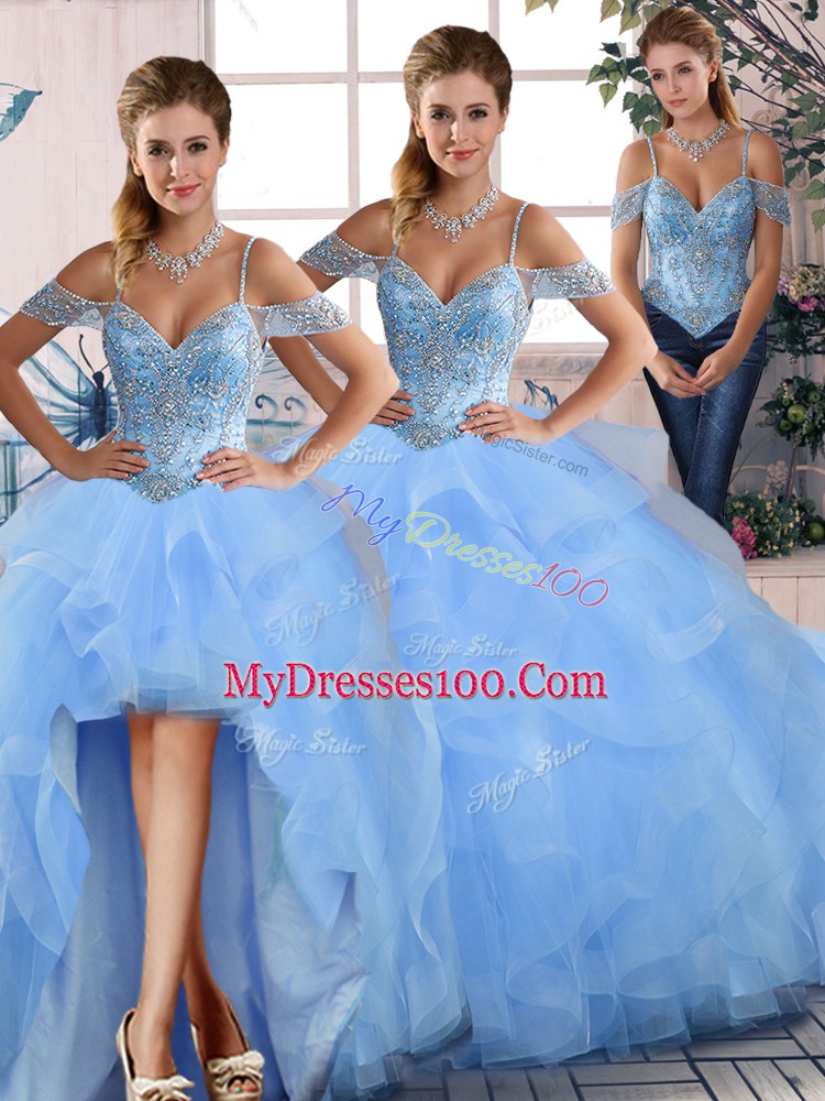 Blue Off The Shoulder Lace Up Beading and Ruffles Quinceanera Gown Sleeveless