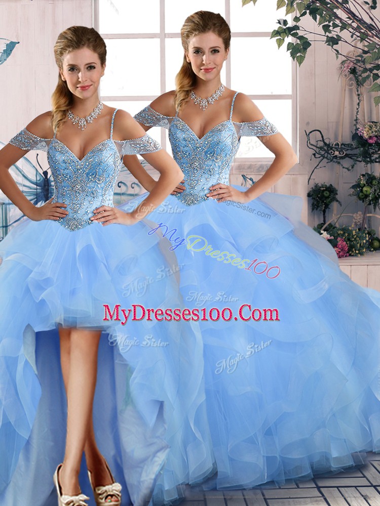Blue Off The Shoulder Lace Up Beading and Ruffles Quinceanera Gown Sleeveless
