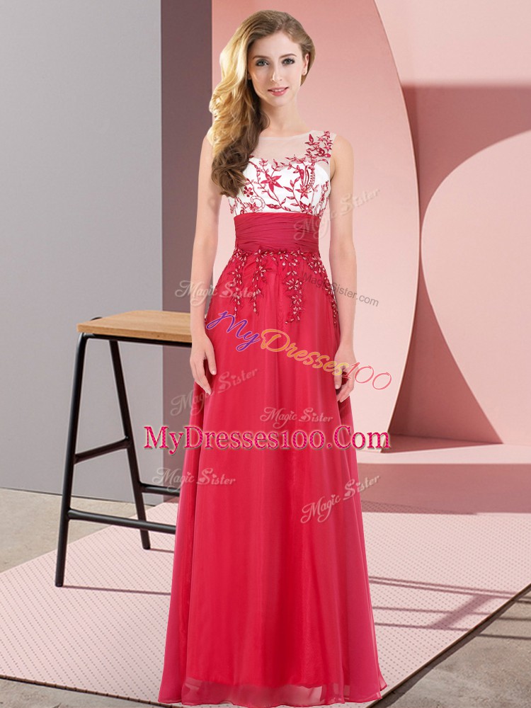 High End Red Empire Appliques Bridesmaid Dresses Backless Chiffon Sleeveless Floor Length