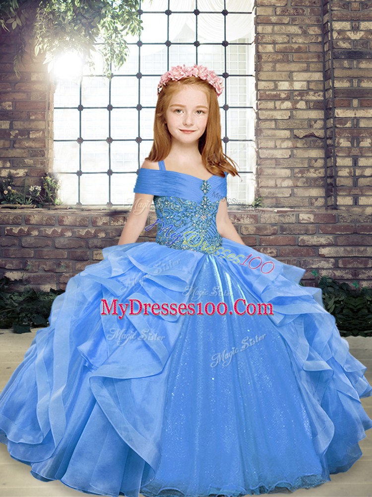 Blue Organza Lace Up Straps Sleeveless Floor Length Little Girl Pageant Dress Beading and Ruffles