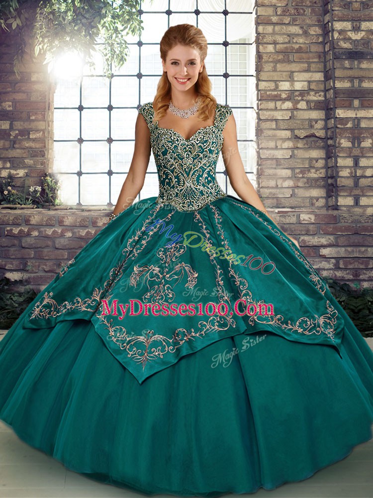 Teal Tulle Lace Up Straps Sleeveless Floor Length Ball Gown Prom Dress Beading and Embroidery