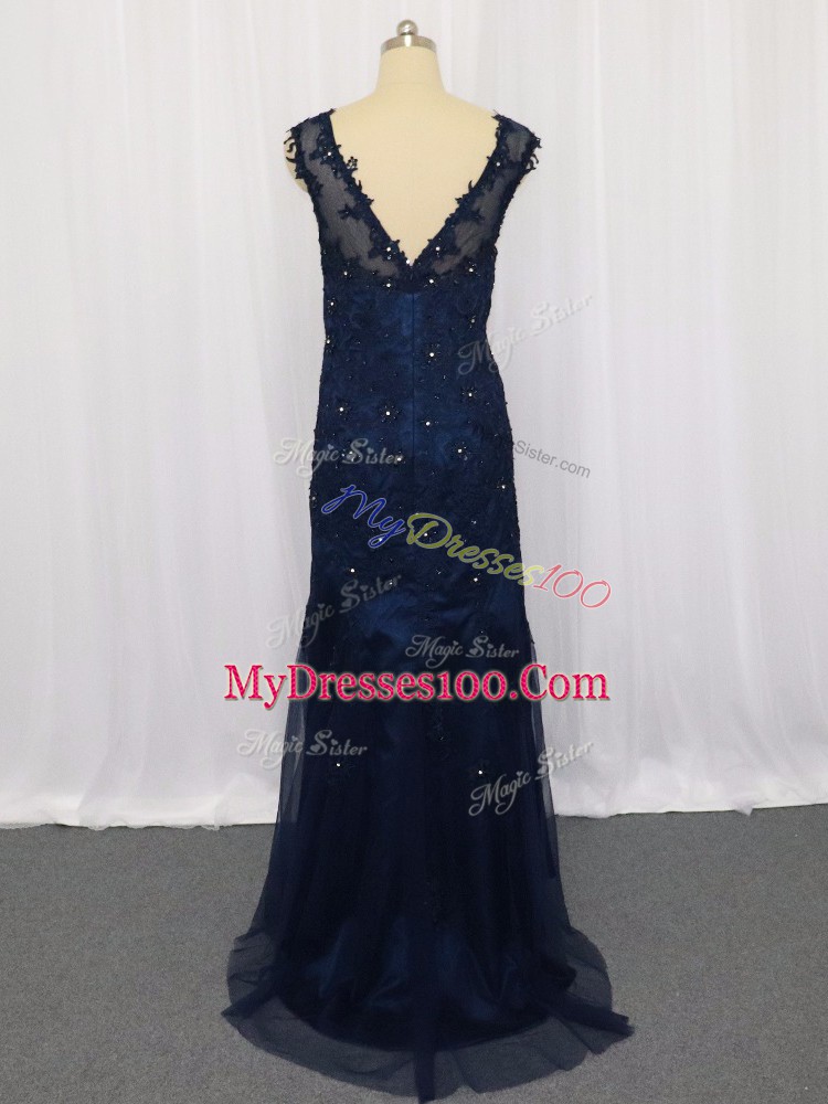 Navy Blue Zipper Evening Dress Lace and Appliques Sleeveless Floor Length