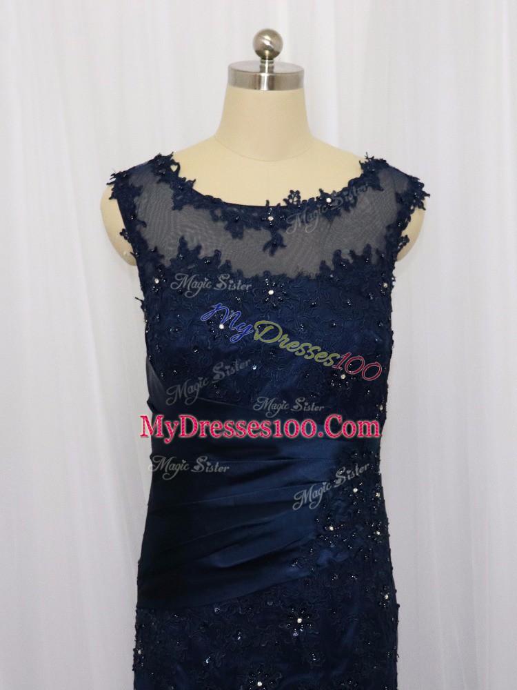 Navy Blue Zipper Evening Dress Lace and Appliques Sleeveless Floor Length