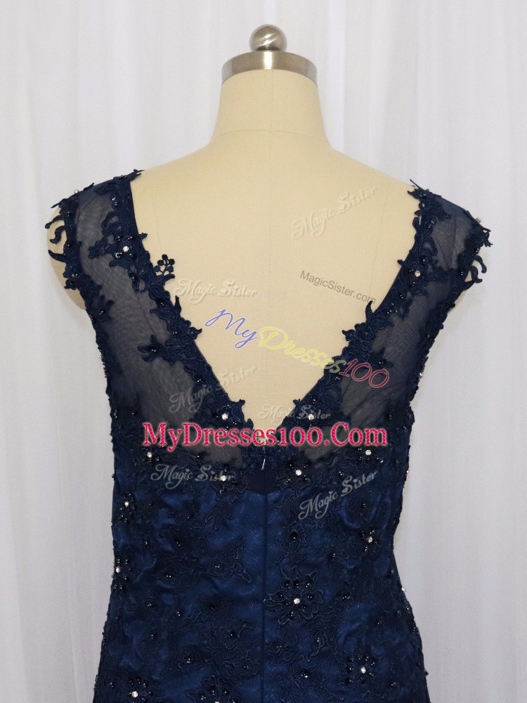 Navy Blue Zipper Evening Dress Lace and Appliques Sleeveless Floor Length