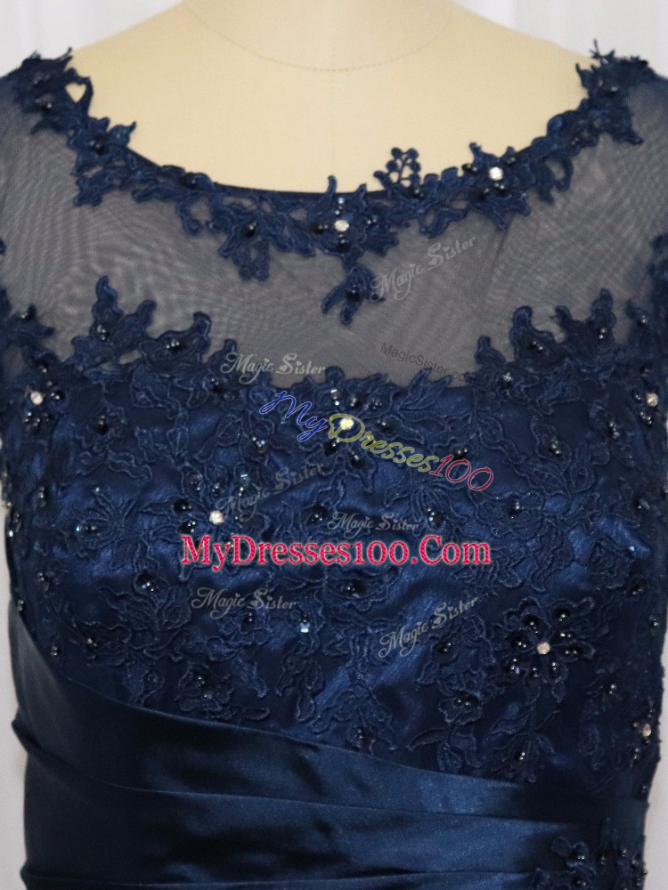 Navy Blue Zipper Evening Dress Lace and Appliques Sleeveless Floor Length