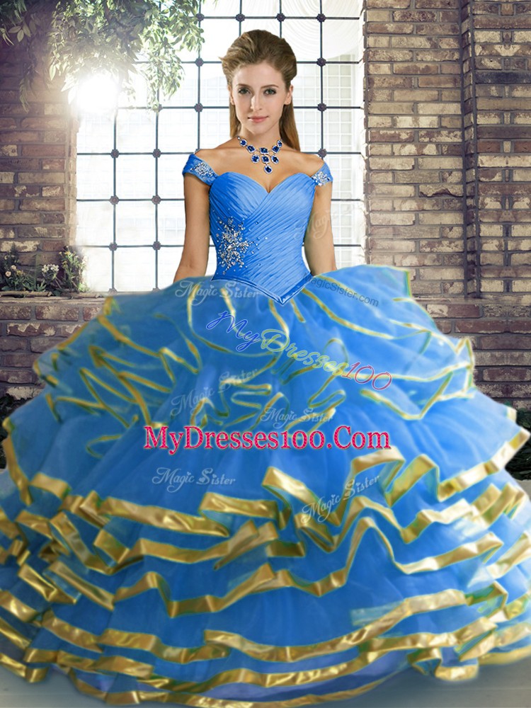 Blue Lace Up Ball Gown Prom Dress Beading and Ruffled Layers Sleeveless Floor Length