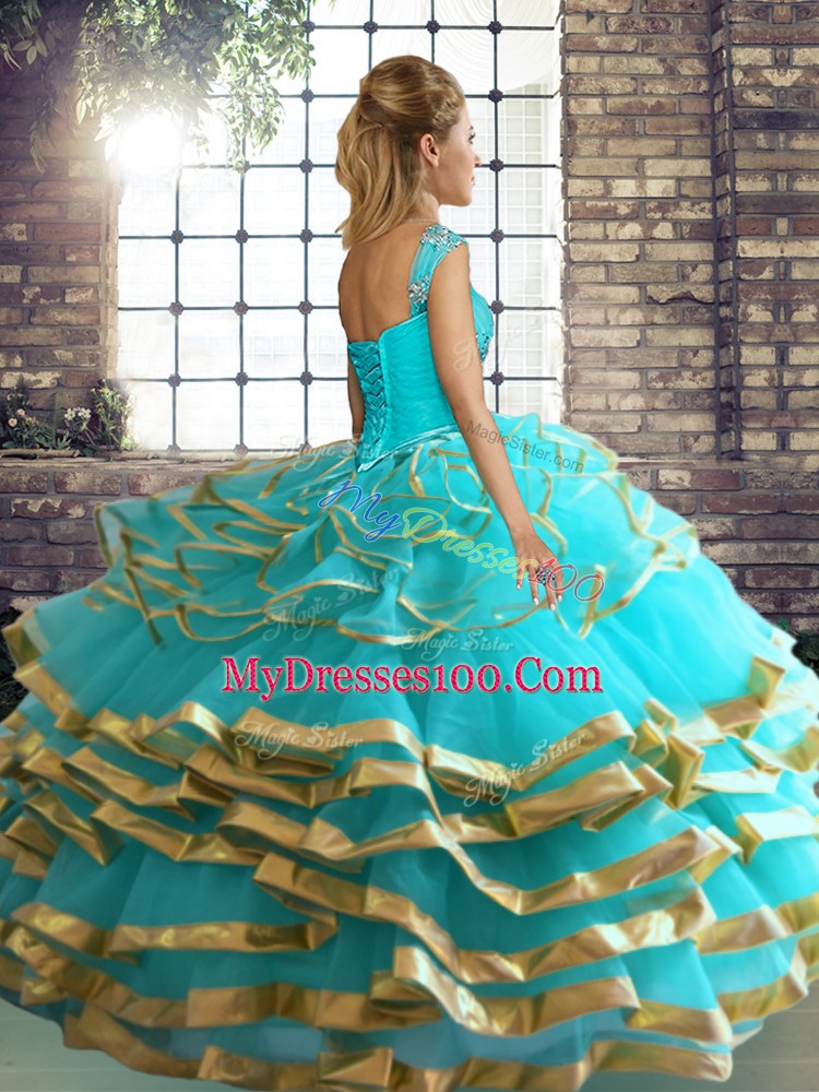 Blue Lace Up Ball Gown Prom Dress Beading and Ruffled Layers Sleeveless Floor Length