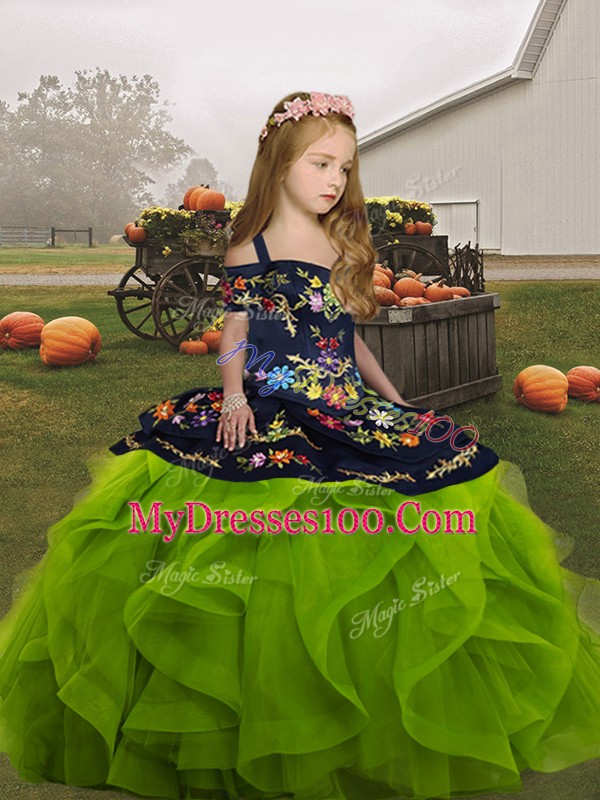 Olive Green Straps Neckline Embroidery and Ruffles Little Girl Pageant Gowns Sleeveless Lace Up