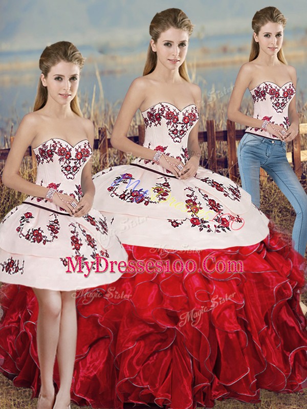 Sweetheart Sleeveless Sweet 16 Dress Floor Length Embroidery and Ruffles and Bowknot White And Red Organza