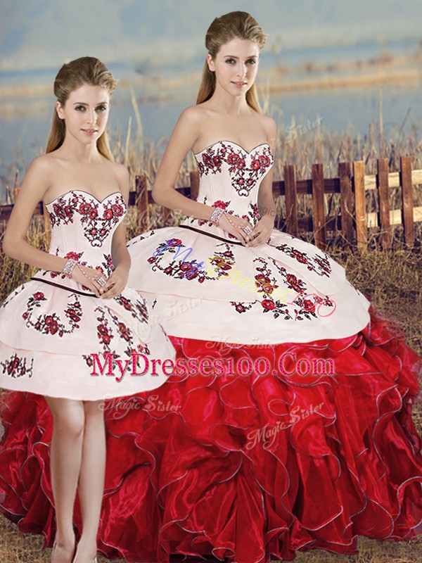 Sweetheart Sleeveless Sweet 16 Dress Floor Length Embroidery and Ruffles and Bowknot White And Red Organza