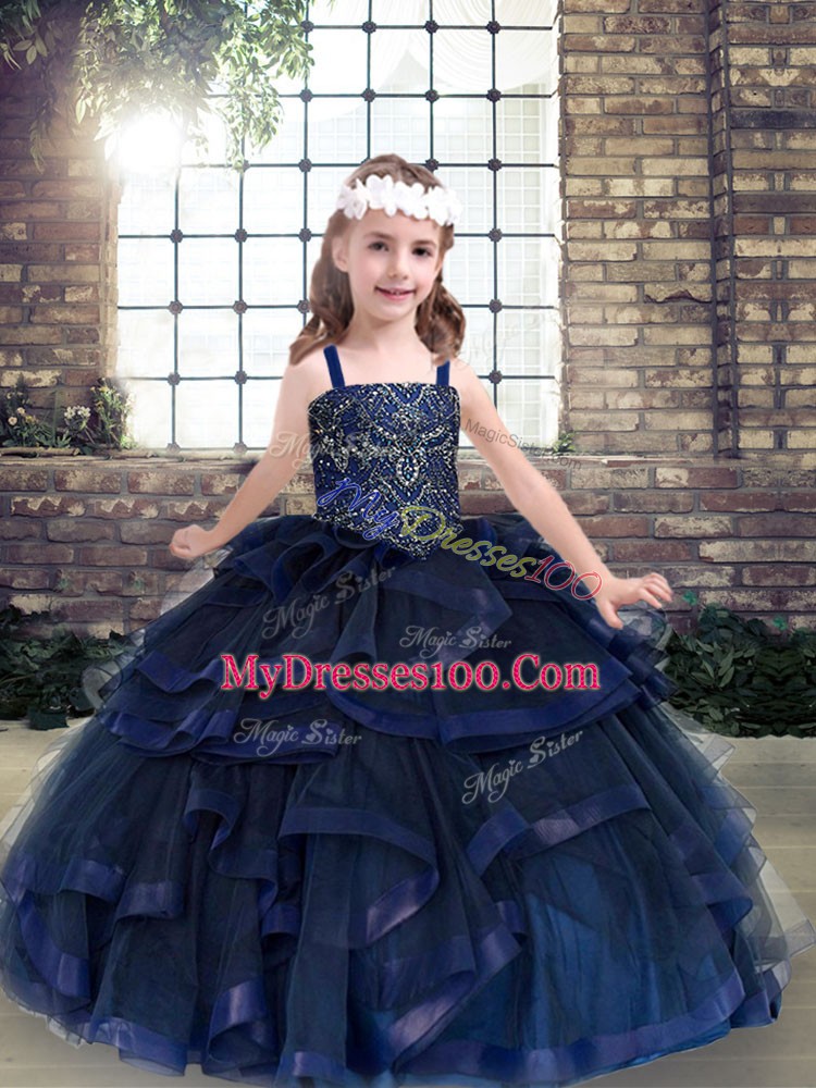 Custom Fit Beading and Ruffles Winning Pageant Gowns Navy Blue Lace Up Sleeveless Floor Length