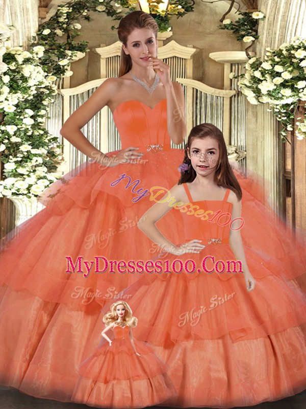 Orange Ball Gowns Organza Sweetheart Sleeveless Ruffled Layers Floor Length Lace Up Sweet 16 Quinceanera Dress