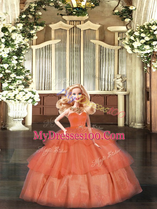 Orange Ball Gowns Organza Sweetheart Sleeveless Ruffled Layers Floor Length Lace Up Sweet 16 Quinceanera Dress
