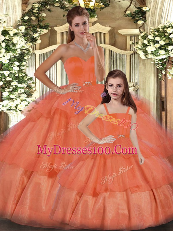 Orange Ball Gowns Organza Sweetheart Sleeveless Ruffled Layers Floor Length Lace Up Sweet 16 Quinceanera Dress