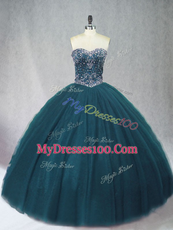 Peacock Green Ball Gowns Sweetheart Sleeveless Tulle Floor Length Lace Up Beading Quinceanera Dress