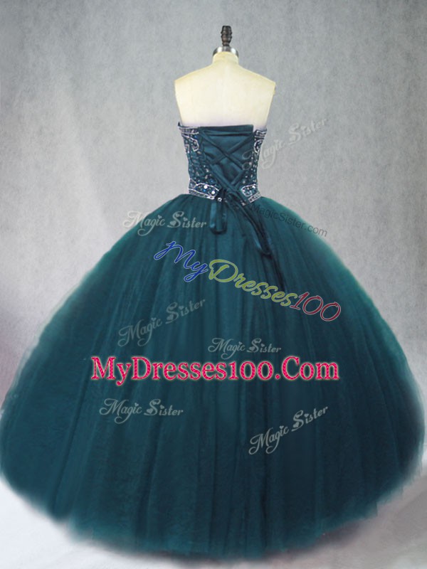Peacock Green Ball Gowns Sweetheart Sleeveless Tulle Floor Length Lace Up Beading Quinceanera Dress