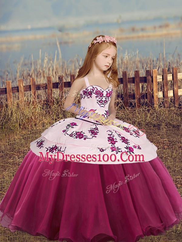 Excellent Fuchsia Ball Gowns Embroidery and Bowknot Custom Made Pageant Dress Lace Up Sleeveless Floor Length
