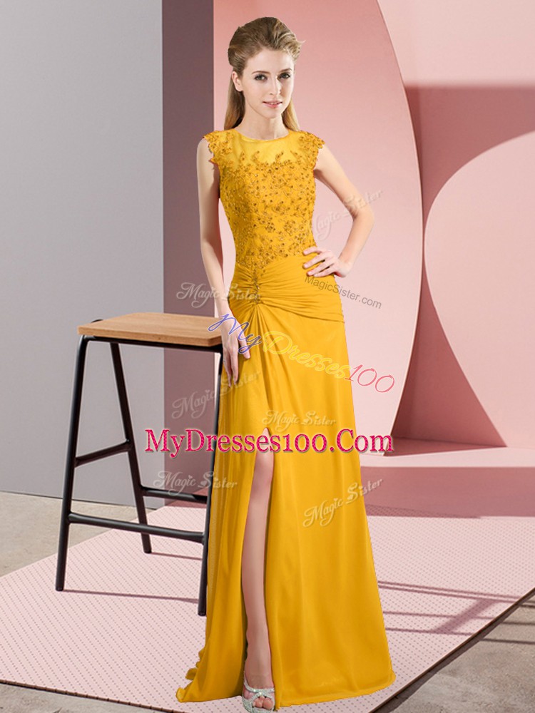 New Arrival Gold Column/Sheath Scoop Sleeveless Chiffon Floor Length Zipper Beading Prom Dresses