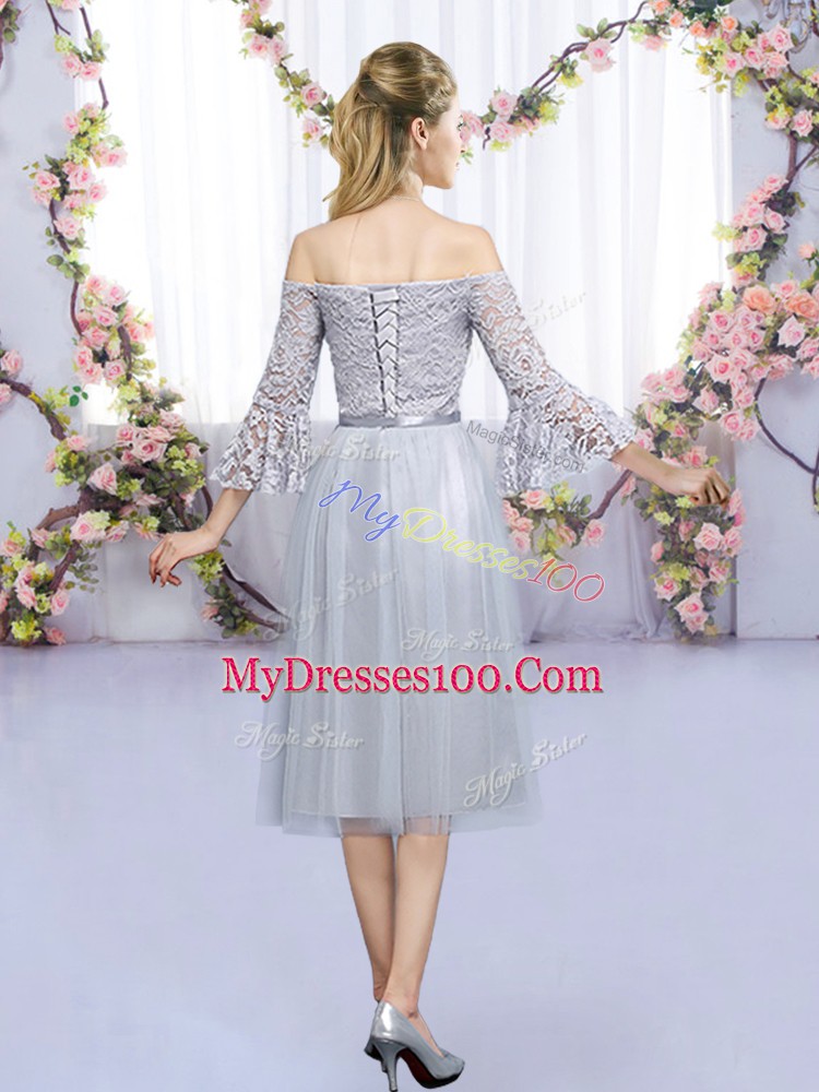 High Quality Grey Off The Shoulder Neckline Lace and Belt Quinceanera Court Dresses 3 4 Length Sleeve Lace Up
