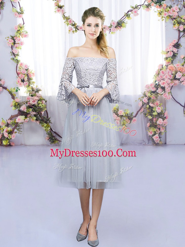 High Quality Grey Off The Shoulder Neckline Lace and Belt Quinceanera Court Dresses 3 4 Length Sleeve Lace Up
