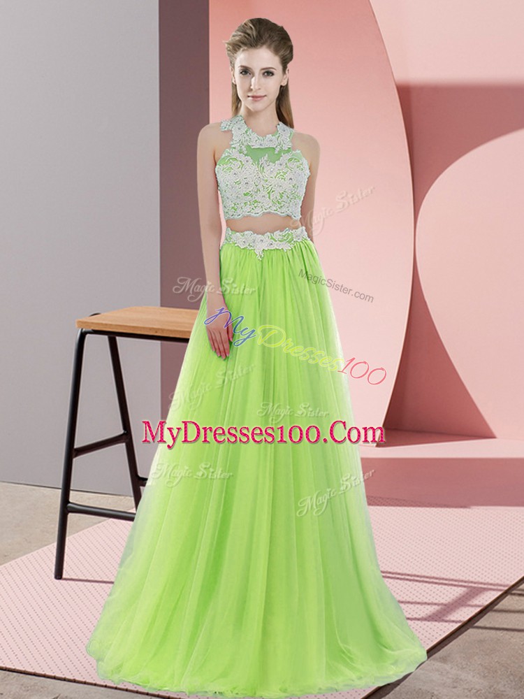 Hot Selling Lace Dama Dress Yellow Green Zipper Sleeveless Floor Length