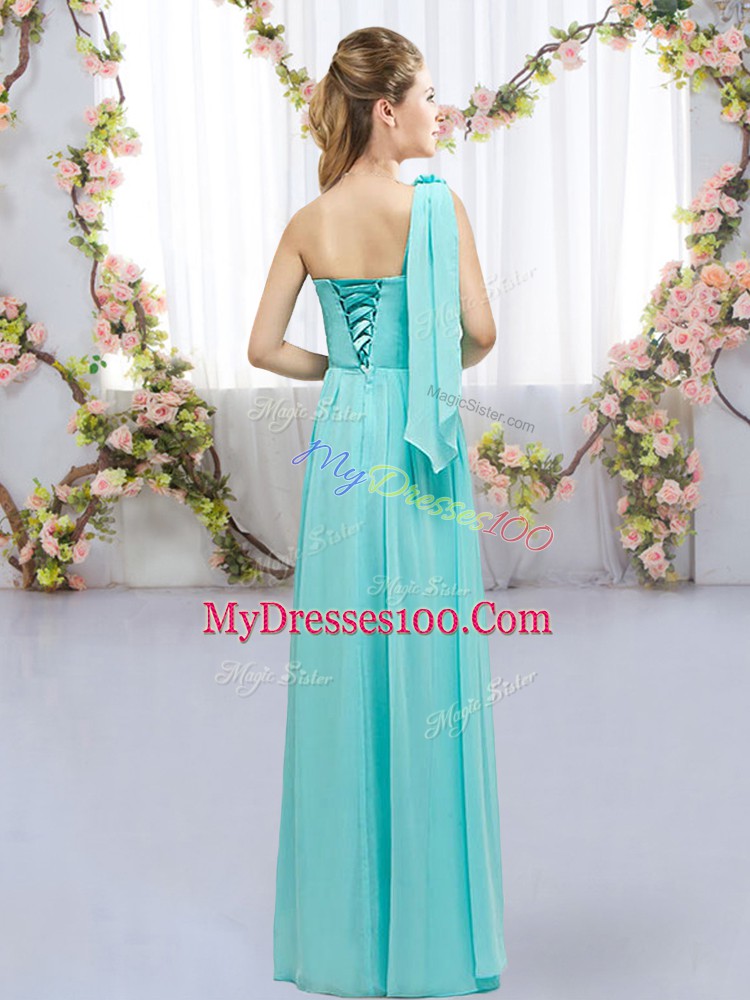Popular Lavender Empire Chiffon One Shoulder Sleeveless Hand Made Flower Floor Length Lace Up Bridesmaid Dress