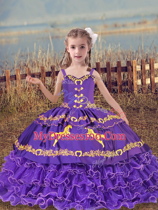Nice Sleeveless Floor Length Beading and Embroidery and Ruffled Layers Lace Up Pageant Gowns with Lavender
