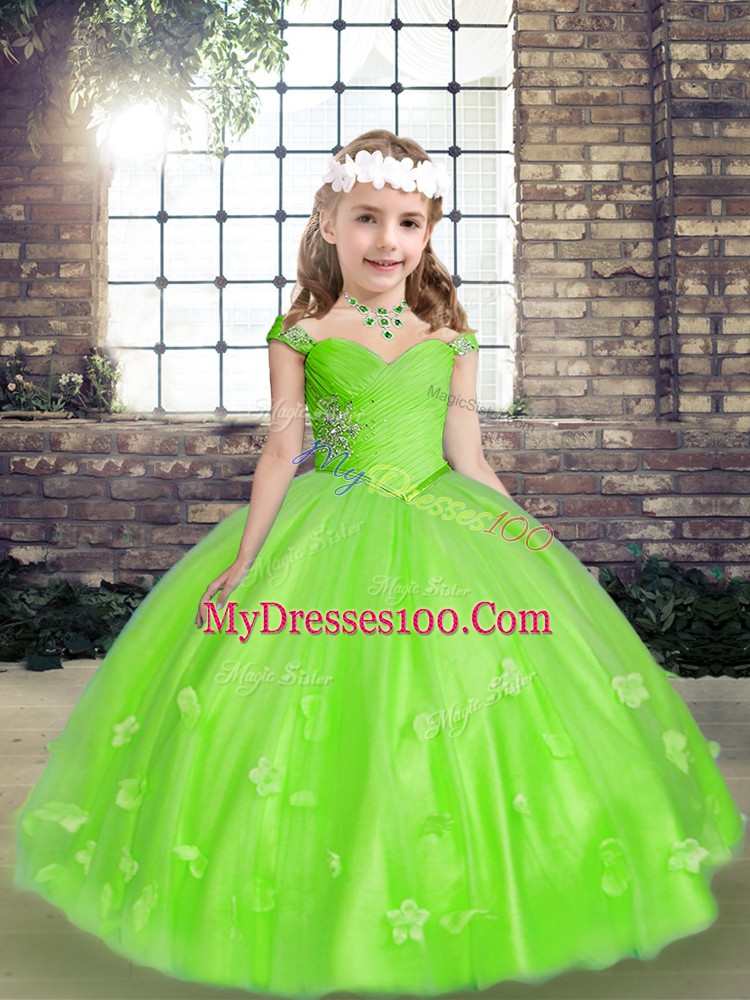 Floor Length Lace Up Little Girl Pageant Dress for Party and Wedding Party with Beading and Hand Made Flower