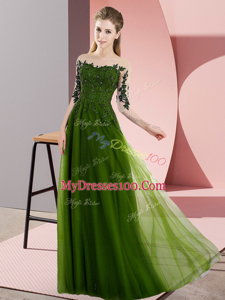 Charming Bateau Half Sleeves Bridesmaid Gown Floor Length Beading and Lace Olive Green Chiffon