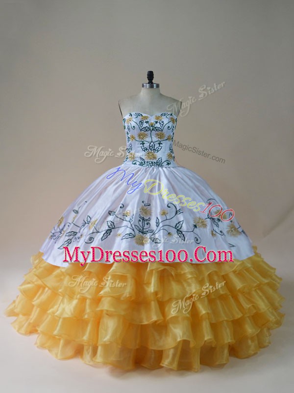 Edgy Ball Gowns Vestidos de Quinceanera Yellow And White Sweetheart Organza Sleeveless Floor Length Lace Up